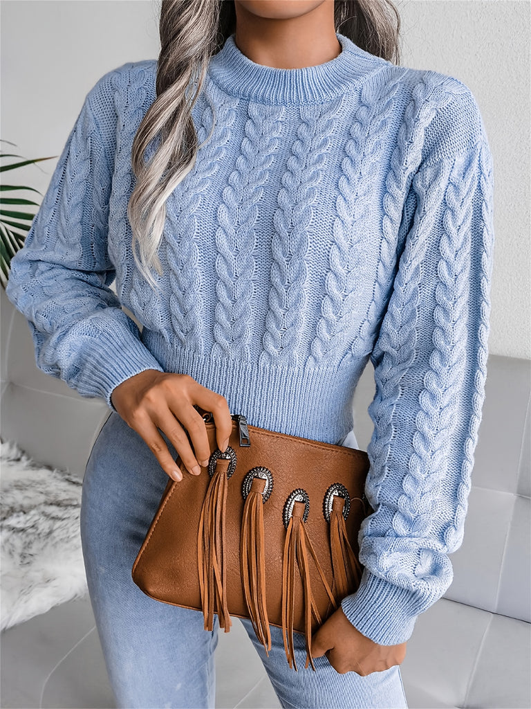 kkboxly  Cable Crew Neck Crop Sweater, Casual Waist Long Sleeve Fall Winter Knit Crop Sweater, Women's Clothing