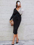 Color Block Batwing Sleeve Dress, Tie-waist V Neck Slim Knit Dress, Women's Clothing