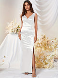 kkboxly  Solid V Neck Dress, Elegant Sleeveless Split Bodycon Dress For Party & Banquet, Women's Clothing