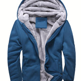 kkboxly  Solid Sherpa Lined Men's Hooded Jacket Casual Long Sleeve Hoodies With Zipper Gym Sports Hooded Coat For Winter Fall