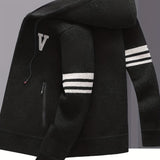 Men's Striped Fleece Hooded Cardigan, Casual Slightly Stretch Breathable Zip Up Thermal Jacket For Fall Winter Outdoor