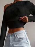 kkboxly  Ribbed Asymmetrical Neck Knit Crop Sweater, Sexy Cold Shoulder Long Sleeve Pullover Sweater, Women's Clothing