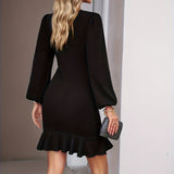 kkboxly  Solid Crew Neck Dress, Elegant Long Sleeve Ruffle Hem Dress, Women's Clothing