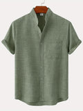 kkboxly  Casual Linen Men's Stand Collar Short Sleeve Shirt With Chest Pocket, Solid Color Men's Shirt For Summer Outdoor, Gift For Men