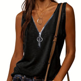 kkboxly  Casual V-neck Zipper Cami Top, Solid Fashion Sleeveless Loose Summer Fit Tank Top, Women's Clothing