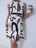 kkboxly  Brush Print Mock Neck Dress, Sleeveless Dress For Spring & Summer, Women's Clothing