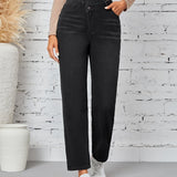 kkboxly  Stepped Waist Plain Straight Leg Jeans, Casual Slash Pocket Asymmetric Denim Pants, Women's Denim Jeans & Clothing