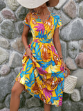 kkboxly  Leaves Print Shirred Waist Dress, Vacation Surplice Neck Short Sleeve Summer Dress, Women's Clothing