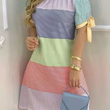 kkboxly  Color Block Off Shoulder Dress, Elegant Backless Short Sleeve Dress For Spring & Summer, Women's Clothing