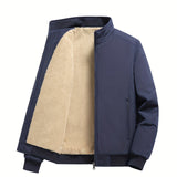 kkboxly  Warm Stand Collar Fleece Jacket, Men's Casual Comfortable Solid Color Zip Up Coat / Outwear For Fall Winter
