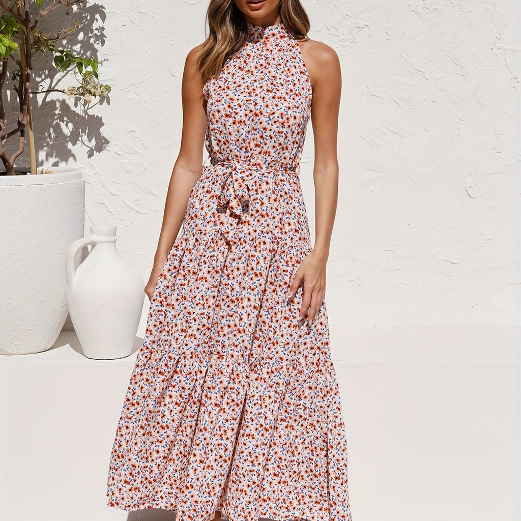 kkboxly  Floral Print Halter Neck Dress, Tie Waist Sleeveless Casual Dress For Summer & Spring, Women's Clothing