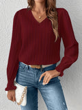 2025 kkboxly  Solid Striped Blouse, Casual Shirred V Neck Long Sleeve Blouse, Women's Clothing