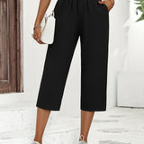 kkboxly  Minimalist Buttoned Wide Leg Elastic Waist Pants, Casual Versatile Solid Buttons Pants, Women's Clothing