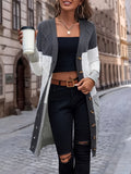 kkboxly  Color Block Button Up Knit Cardigan, Casual Long Sleeve Longline Sweater With Pocket, Women's Clothing