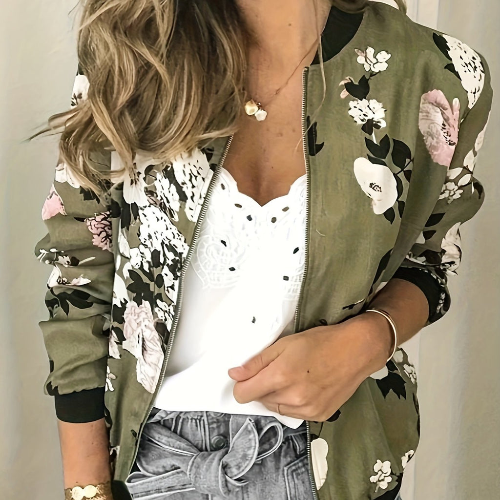 kkboxly  Plus Size Casual Jacket, Women's Plus Floral Print Zip Up Long Sleeve Bomber Jacket