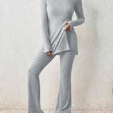 kkboxly  Solid Textured Two-piece Set, Long Sleeve Slit Long Length Top & Skinny Pants Outfits, Women's Clothing