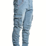 Men's Solid Color Multi-pocket Skinny Jeans For Autumn And Winter