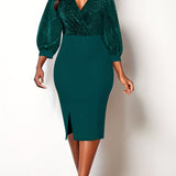 kkboxly  Elegant Skinny Shiny Dress, Long Sleeve V-neck Dress For Party & Banquet, Women's Clothing