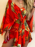 Kkboxly   Full Printed V Neck Dress, Casual Tie Waist Batwing Sleeve Dress, Women's Clothing