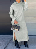 kkboxly  Drawstring Split Dress, Casual Hooded Long Sleeve Maxi Dress, Women's Clothing