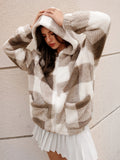 kkboxly  Plaid Hooded Teddy Coat, Elegant Zip Up Long Sleeve Winter Warm Outerwear, Women's Clothing