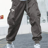 kkboxly  Plus Size Men's Drawstring Cargo Pants: Letters Print, Multi-Pocket Design, Perfect For Outdoor Activities