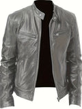 kkboxly  Zipper Pockets PU Jacket, Men's Casual Solid Color Zip Up Stand Collar Faux Leather Jacket For Spring Fall
