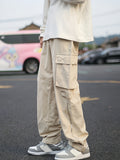 kkboxly Solid Color Men's Trendy Long Cargo Pants With Flap Pockets And Zipper Design, All Seasons Outdoor