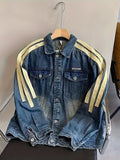 kkboxly  Men's Stylish Stripe Pattern Comfy Denim Jacket With Pockets, Casual Breathable Lapel Button Up Long Sleeve Top For City Walk Street Hanging Outdoor Activities