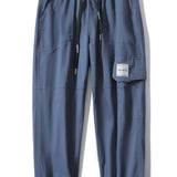 dunnmall  kkboxly  Men's Stylish Solid Cotton Blend Cargo Joggers With Pockets, Causal Breathable Drawstring Men's Bottom Clothing For City Walk Street Hanging Outdoor Activities