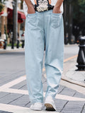 kkboxly  Trendy Casual Men's Solid Color Loose Denim Jeans With Pockets, Men's Outfits
