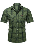 kkboxly  Trendy Plaid Print Men's Casual Short Sleeve Cotton Shirt With Chest Pocket, Men's Shirt For Summer, Tops For Men