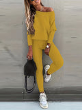 kkboxly Casual Solid Sports Two-piece Set, With Slanted Shoulder Long Sleeve Hoodies & Tied Striped Pants Set, Women's Clothing