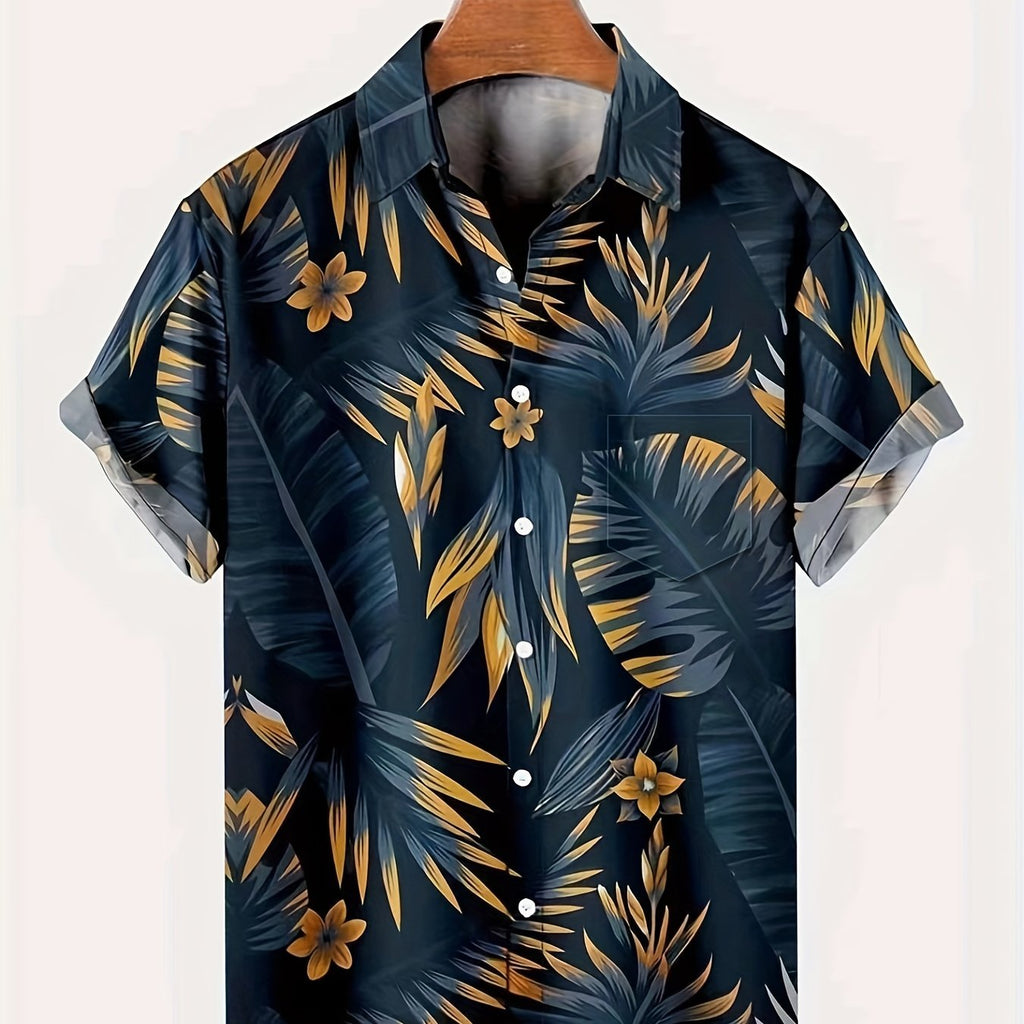 kkboxly  Men's Plus Size Hawaiian Shirt with Leaves Print - Perfect for Summer Vacations and Resort Wear
