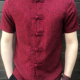kkboxly  Plus Size Men's Chinese Style Men Shirt Stand Collar Short Sleeve Button Casual Loose Tops Solid Color Vintage Tang Suit Shirts