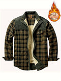 kkboxly  Men's Plaid Print Jacket, Windproof Thermal Patchwork Lapel Winter Shirt For Men's Winter Outdoor Activities