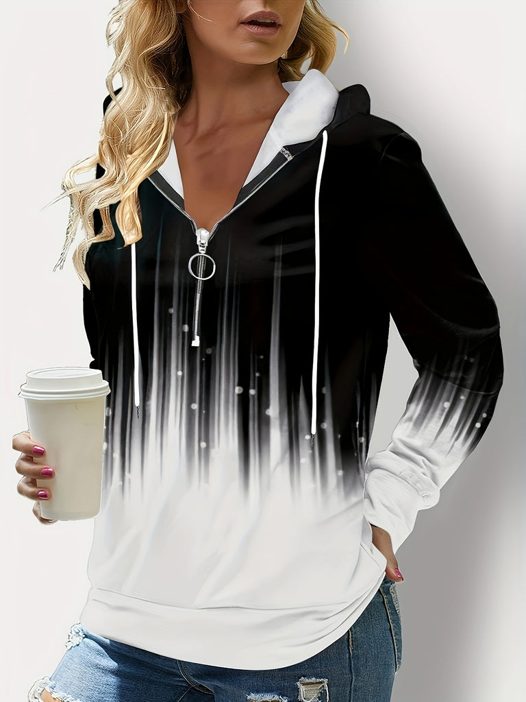 kkboxly   Gradient Print Quarter Zipper Front Hoodie, Casual Long Sleeve Drawstring Hoodies Sweatshirt, Women's Clothing