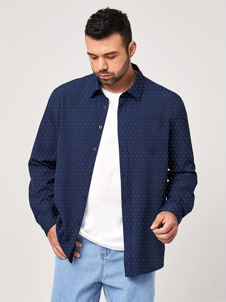 kkboxly  Plus Size Men's Polka Dot Shirt Long Sleeve Classic Lapel Shirt Work Tops For Big And Tall Men Daily Business Outfit