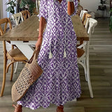 Kkboxly  Ikat Print Drawstring Dress, Boho Ruffle Trim V Neck Half Sleeve Summer Dress, Women's Clothing