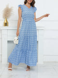 2025 kkboxly  Ditsy Floral Print Dress, Vacation Boho V Neck Ruffle Trim Short Sleeve High Waist Maxi Dress, Women's Clothing