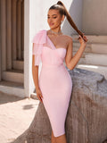 kkboxly  Solid One Shoulder Split Dress, Elegant Bow Decor Bodycon Dress For Banquet & Party, Women's Clothing