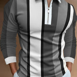 kkboxly  Men's Stripe Long Sleeve Zip Polo Shirt, Men's Clothing