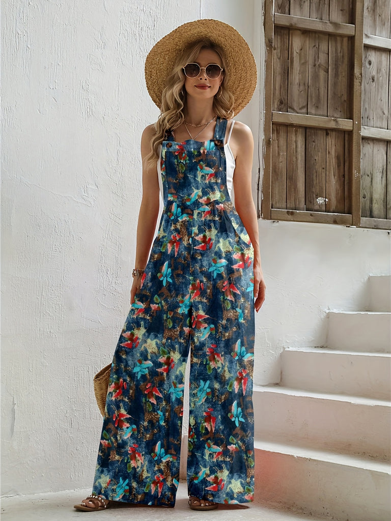 kkboxly  Floral Print Overall Wide Leg Jumpsuit, Casual Button Overall Jumpsuit For Spring & Summer, Women's Clothing