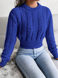Solid Crew Neck Cable Knit Sweater, Casual Long Sleeve Pullover Sweater, Women's Clothing