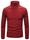 kkboxly Turtle Neck Knitted Slim Fit Sweater, Men's Casual Warm Solid High Stretch Pullover Sweater For Fall Winter