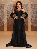 kkboxly  Off-shoulder Sequin Sweep Train Dress, Elegant Sweetheart Neck Long Sleeve Tiered Dress, Women's Clothing