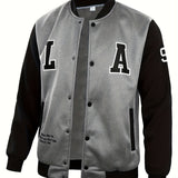 kkboxly  "LA" Print Varsity Jacket, Men's Casual Color Block Button Up Jacket For Spring Fall School Baseball