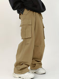 Solid Color Multi Flap Pockets Men's Straight Leg Cargo Pants, Loose Baggy Pants Casual Outdoor Pants, Men's Work Pants