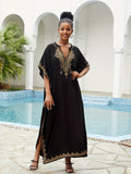 Plus Size Boho Kaftan Dress, Women's Plus Golden Embroidered Bat Sleeve Notched Neck Maxi Cover Up Dress