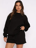 kkboxly  2 Pieces Solid Color Casual Sports Set, Crew Neck Long Sleeve Pullover Shirts & Drawstring Sweatpants, Women's Activewear